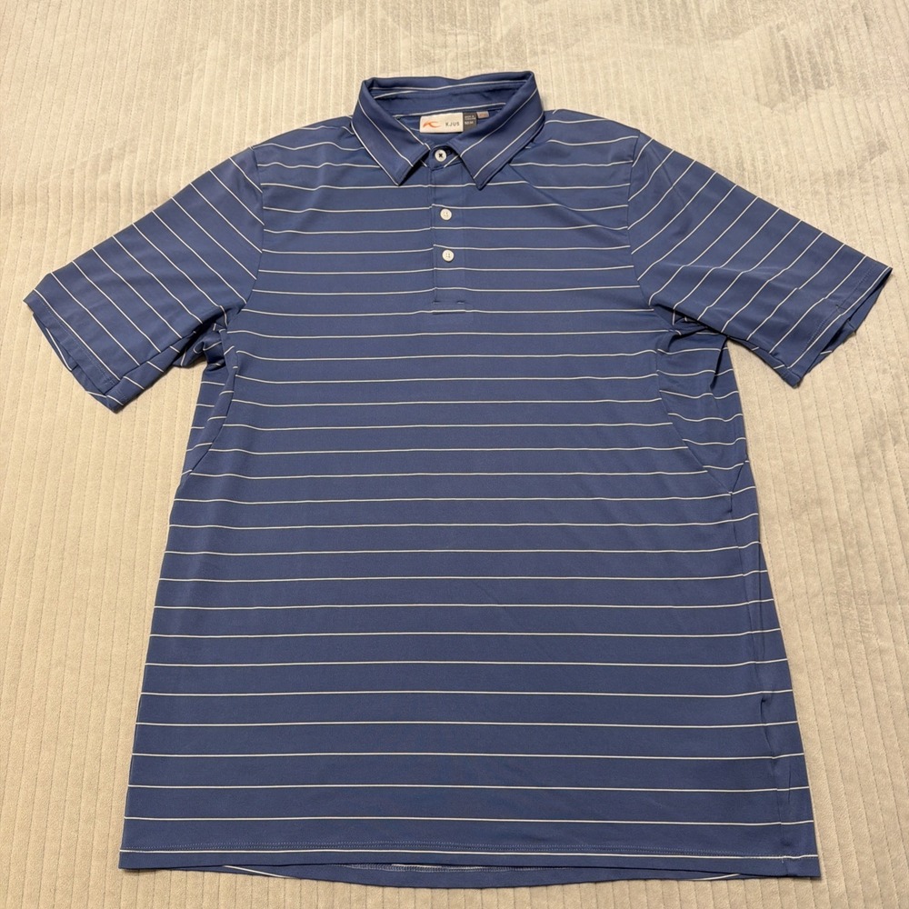 Kjus Polo Shirt Mens Medium Striped Blue Golf Stretch Casual